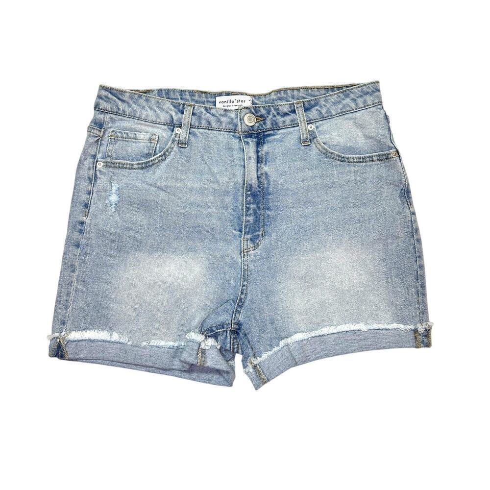 Vanilla Star High-Waisted Denim Cuffed Boyfriend Shorts Women's 11 Frayed Edges